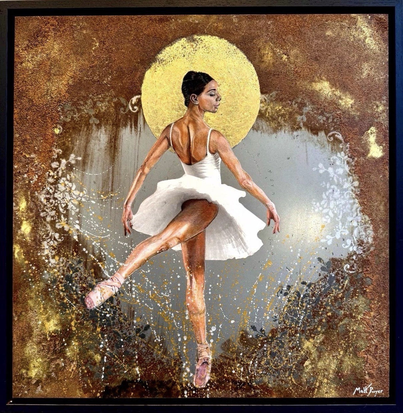 A framed original painting of a ballerina in a white tutu performing with one leg extended, set against a textured gold, brown, and gray background with a large gold circular motif behind her. Paintings by Matt Dwyer are available from The Acorn Gallery in Pocklington. Visit us or Shop Online or just call 01759 307652. 