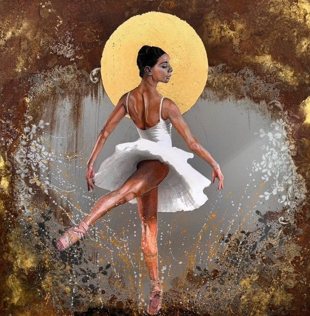 A framed original painting of a ballerina in a white tutu performing with one leg extended, set against a textured gold, brown, and gray background with a large gold circular motif behind her. Paintings by Matt Dwyer are available from The Acorn Gallery in Pocklington. Visit us or Shop Online or just call 01759 307652. 