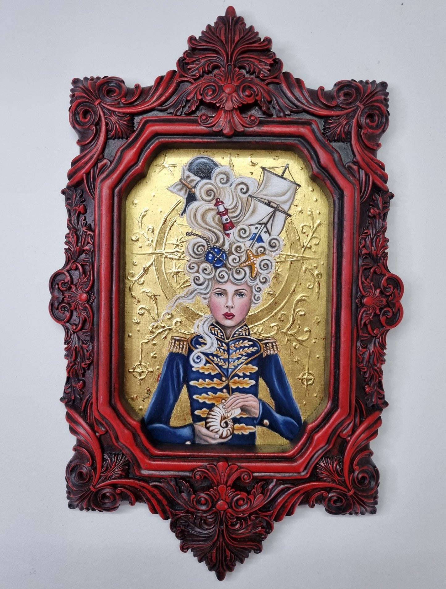 The Nautilus Voyage original oil and gold leaf painting by Marie Louise Wrightson featuring a young woman in naval attire with a nautilus shell and maritime fantasy elements