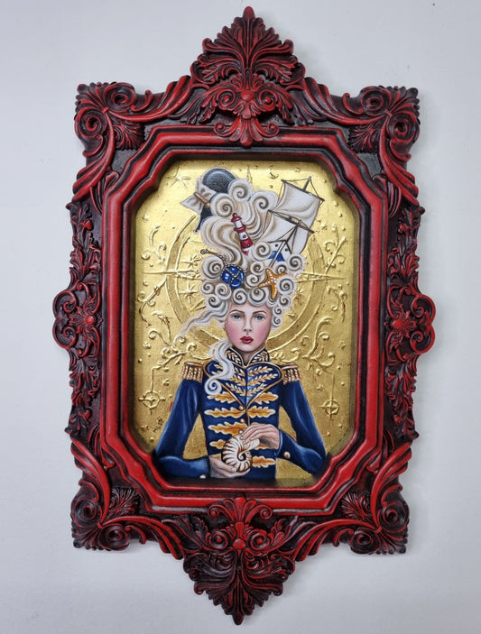 The Nautilus Voyage original oil and gold leaf painting by Marie Louise Wrightson featuring a young woman in naval attire with a nautilus shell and maritime fantasy elements