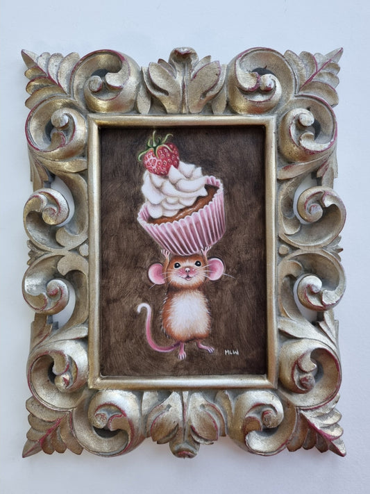 The Prize original oil painting by Marie Louise Wrightson featuring a whimsical mouse with a cupcake