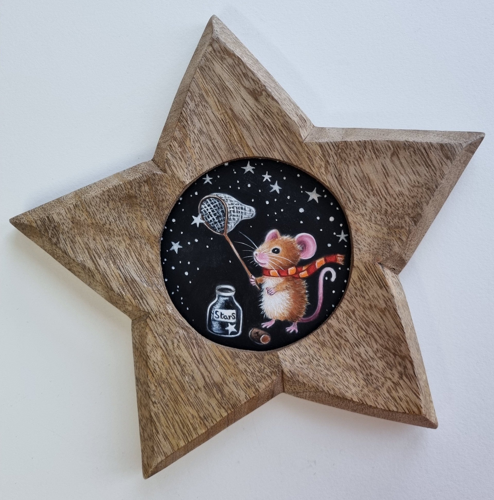 The Star Collector original oil painting by Marie Louise Wrightson featuring a mouse collecting stars in a star-shaped wooden frame