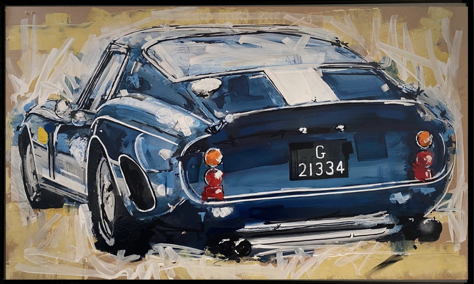 Mark Stubbs Steel And Gasoline Original - The Acorn Gallery, Pocklington, Painting of a Ferrari 250 GTO sports car with a license plate on a beige background