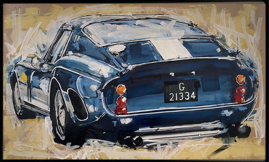 Mark Stubbs Steel And Gasoline Original - The Acorn Gallery, Pocklington, Painting of a Ferrari 250 GTO sports car with a license plate on a beige background