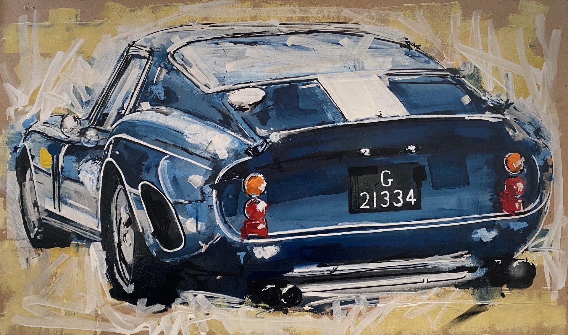 Mark Stubbs Steel And Gasoline Original - The Acorn Gallery, Pocklington, Painting of a Ferrari 250 GTO sports car with a license plate on a beige background