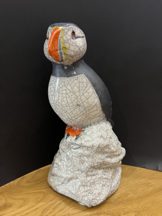 Paul Jenkins Puffin On A Rock Raku Sculpture - The Acorn Gallery, Pocklington
