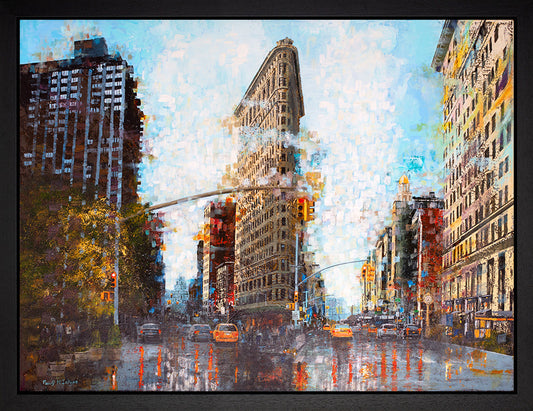 Original cityscape painting by Paul McIntyre, textured acrylic on canvas depicting the Flatiron Building and rainy New York streets.
