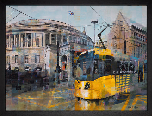 Original acrylic cityscape painting by Paul McIntyre, featuring a bright yellow Metrolink tram before Manchester’s historic buildings.