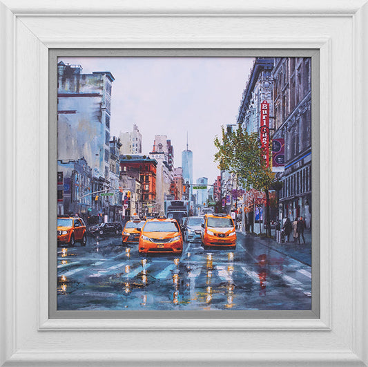 City street limited edition print by Paul McIntyre, featuring yellow taxis on a rain-slicked Manhattan road in vivid tones.