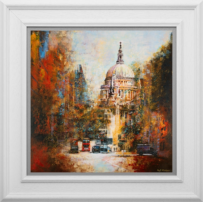 Limited edition print by Paul McIntyre, showing St Paul’s Cathedral above a London street in vivid autumn colours, in a white frame.