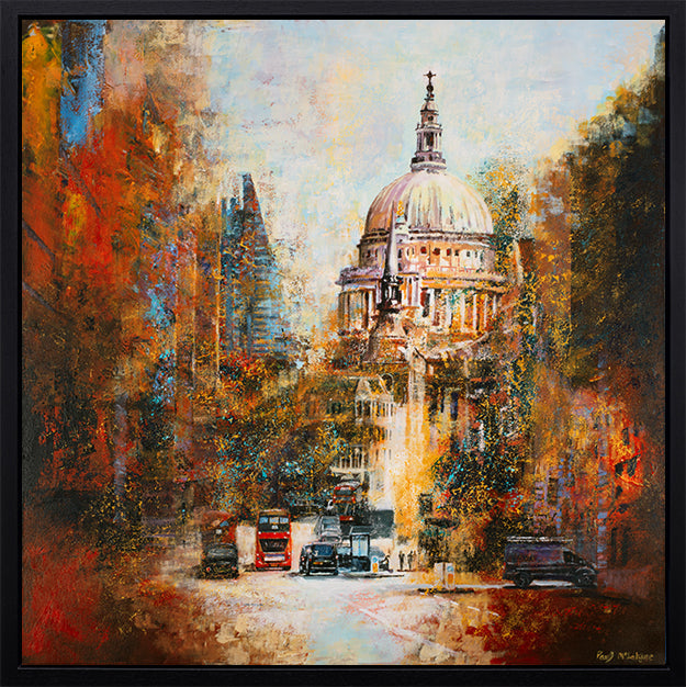 Original acrylic painting by Paul McIntyre, textured London cityscape with St Paul’s dome, red bus and autumnal orange, gold and blue hues.