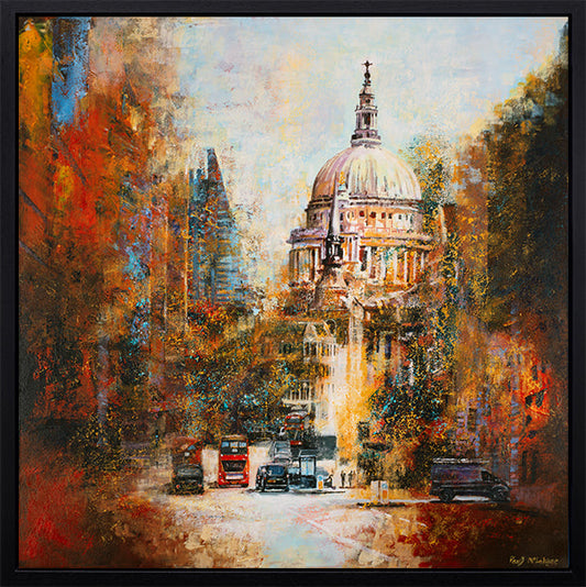 Original acrylic painting by Paul McIntyre, textured London cityscape with St Paul’s dome, red bus and autumnal orange, gold and blue hues.