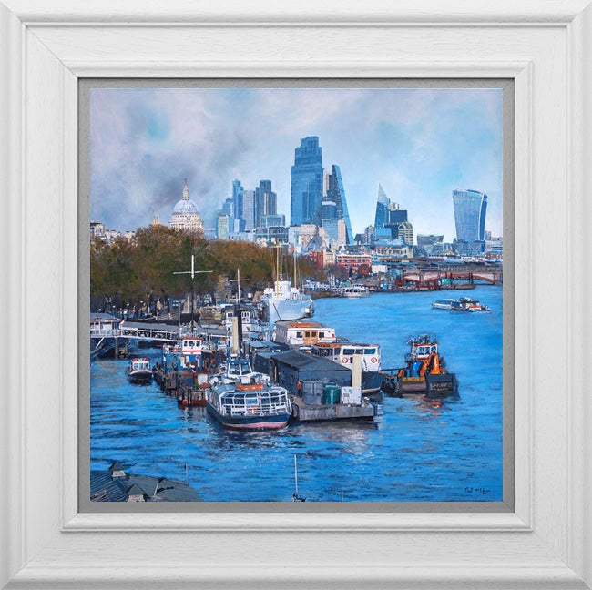 Limited edition print by Paul McIntyre, colourful Thames scene with boats, St Paul’s dome and modern City skyscrapers in blue tones.