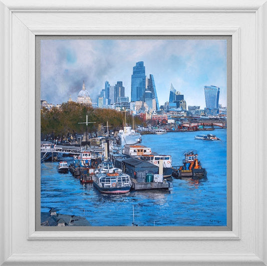 Temple Pier & City Of London limited edition print by Paul McIntyre showing Thames boats, St Paul's Cathedral and modern London skyscrapers.