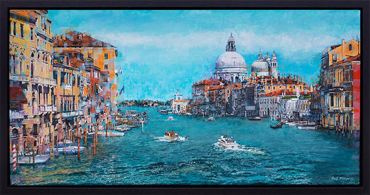View Of The Grand Canal original painting by Paul McIntyre featuring Venice's Santa Maria della Salute, colourful historic buildings and turquoise canal waters.