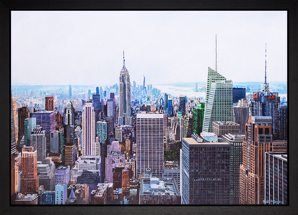 Original cityscape painting by Paul McIntyre, with a detailed Manhattan skyline in blue, terracotta and neutral tones on canvas.