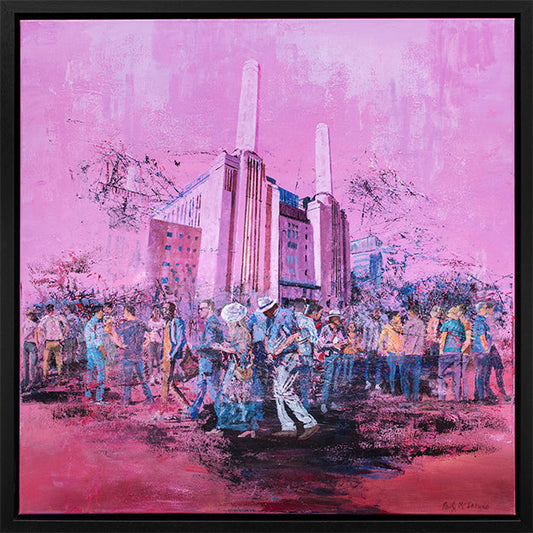 Visiting Battersea Power Station original painting by Paul McIntyre showing London's famous power station and visitors in vibrant pink and lilac tones.