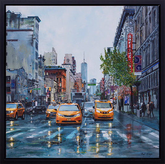 One World Trade Centre original painting by Paul McIntyre featuring yellow New York taxis on a rain-soaked Manhattan street.