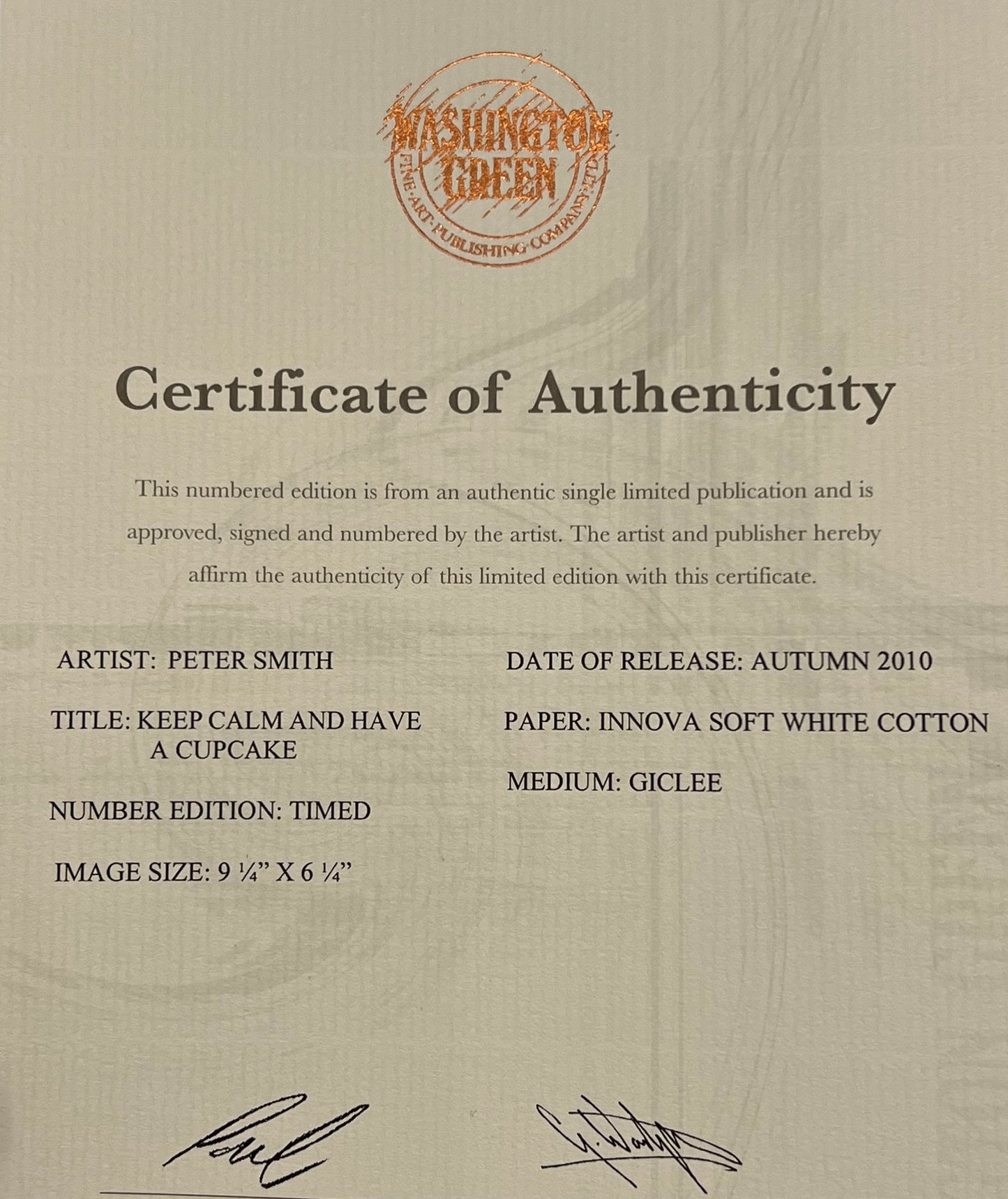 Certificate of Authenticity for an artwork by Peter Smith with a Washington Green stamp.