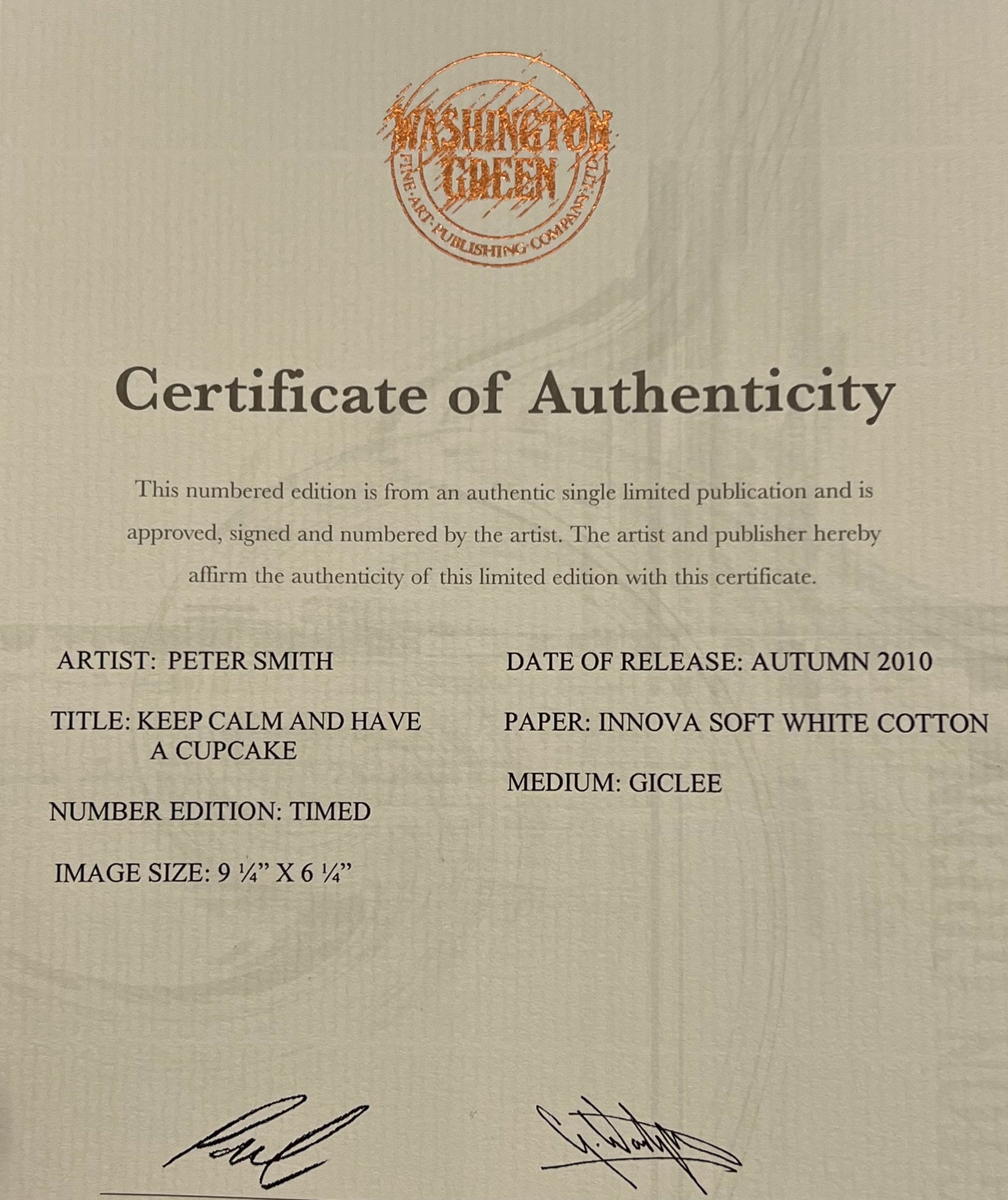 Certificate of Authenticity for an artwork by Peter Smith with a Washington Green stamp.