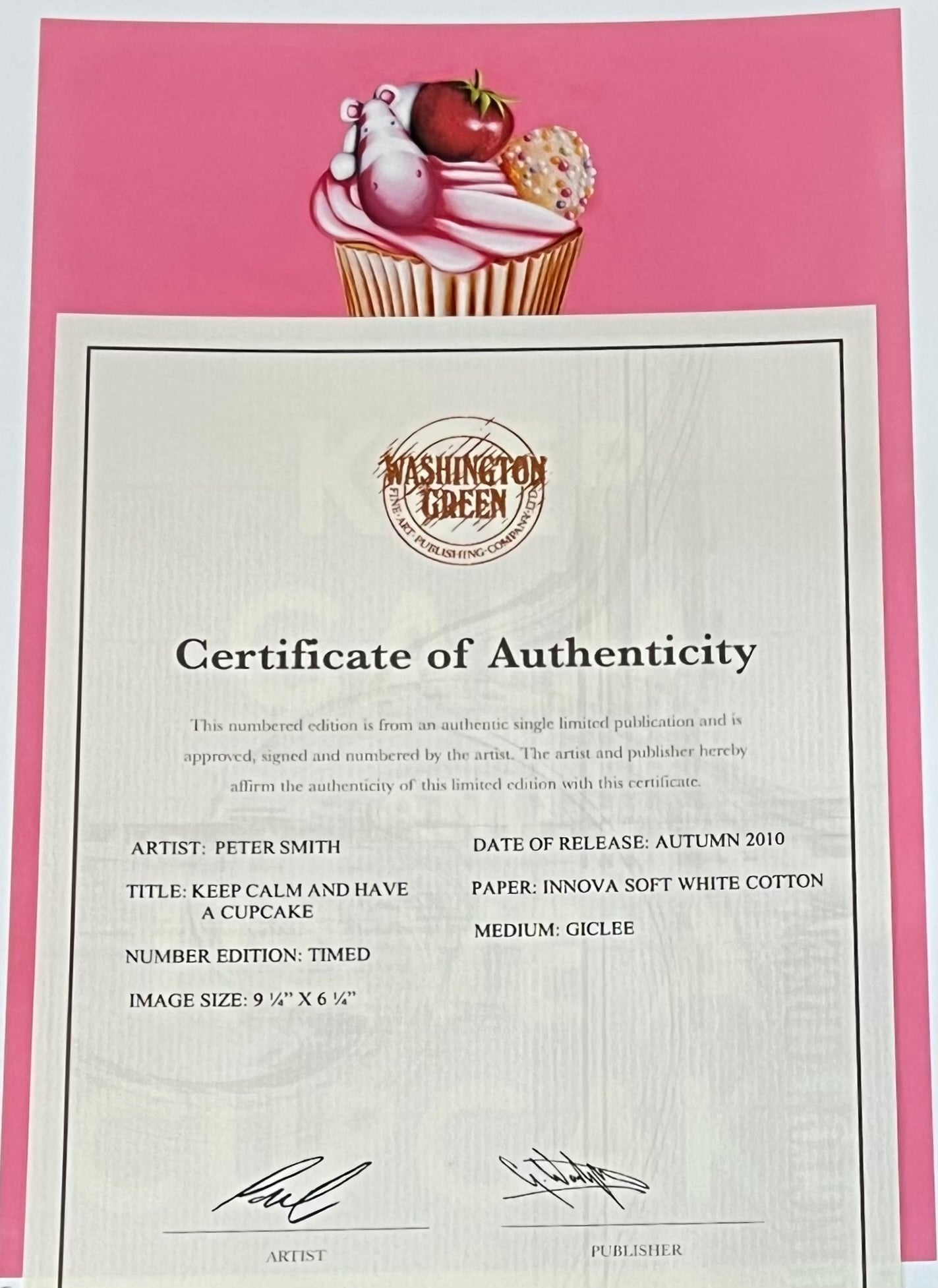 Certificate of Authenticity of a limited editon print by artist Peter Smith, with a pink border featuring an illustration of a cupcake.