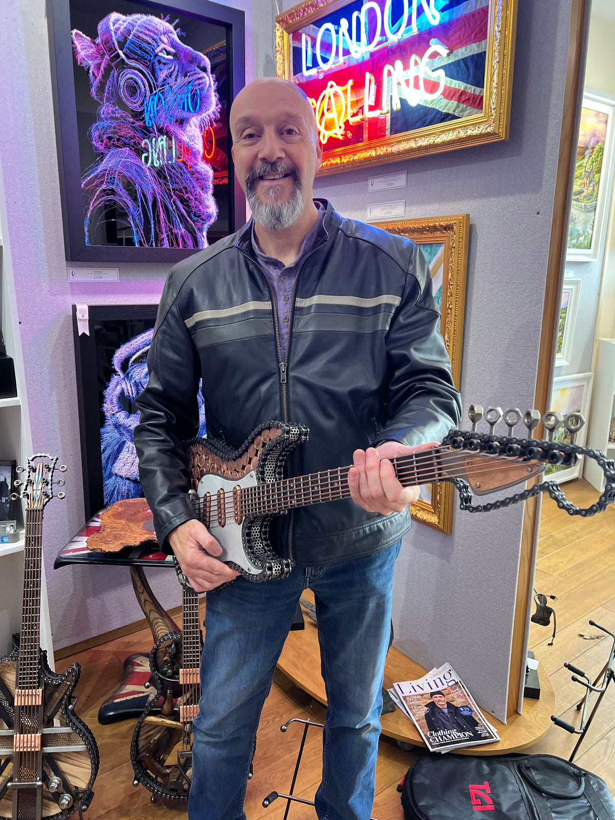 Fender Stratocaster Guitar Sculpture By Paul Southwell featuring 2p and 1p coins welded invisibly together. 