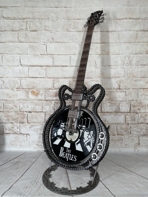 No.6 Abbey Road Beatles-inspired metal epiphone casino guitar sculpture by Paul Southwell with illuminated Abbey Road vinyl design