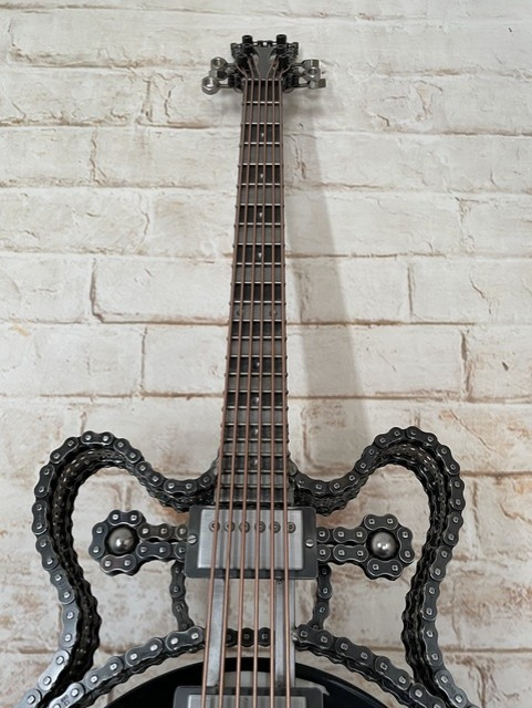 No.6 Abbey Road Beatles-inspired metal epiphone casino guitar sculpture by Paul Southwell with illuminated Abbey Road vinyl design