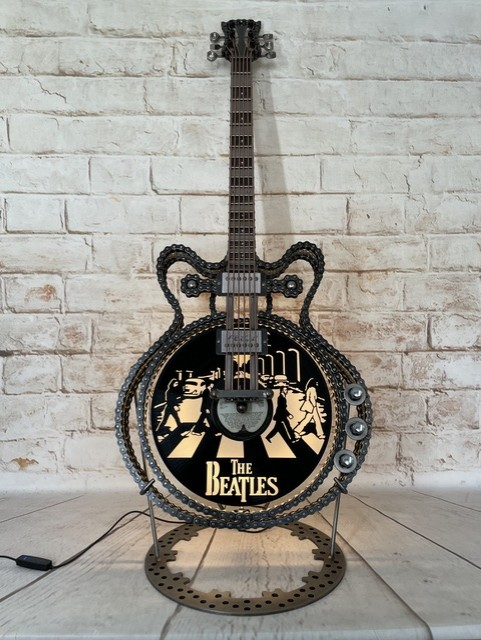No.6 Abbey Road Beatles-inspired epiphone casino metal guitar sculpture by Paul Southwell with illuminated Abbey Road vinyl design