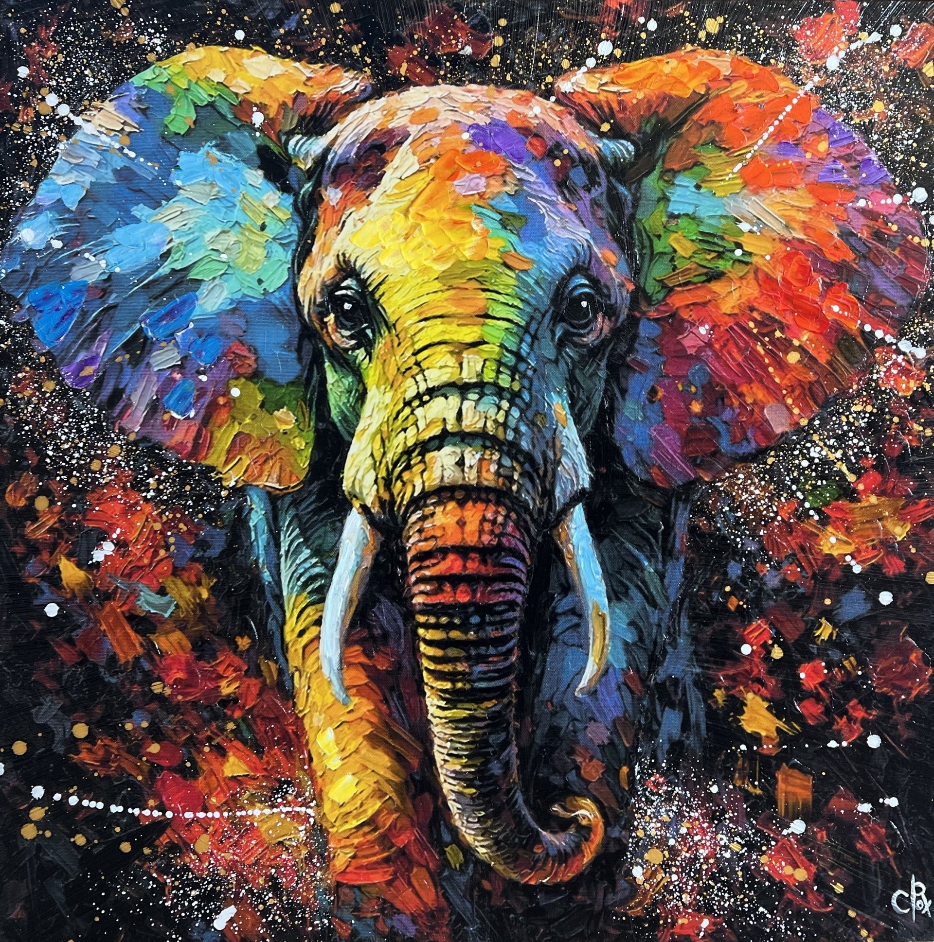 Robert Cox Technicolour Trunk Hand Embellihsed Giclee Box Canvas available from The Acorn Gallery, Pocklington
