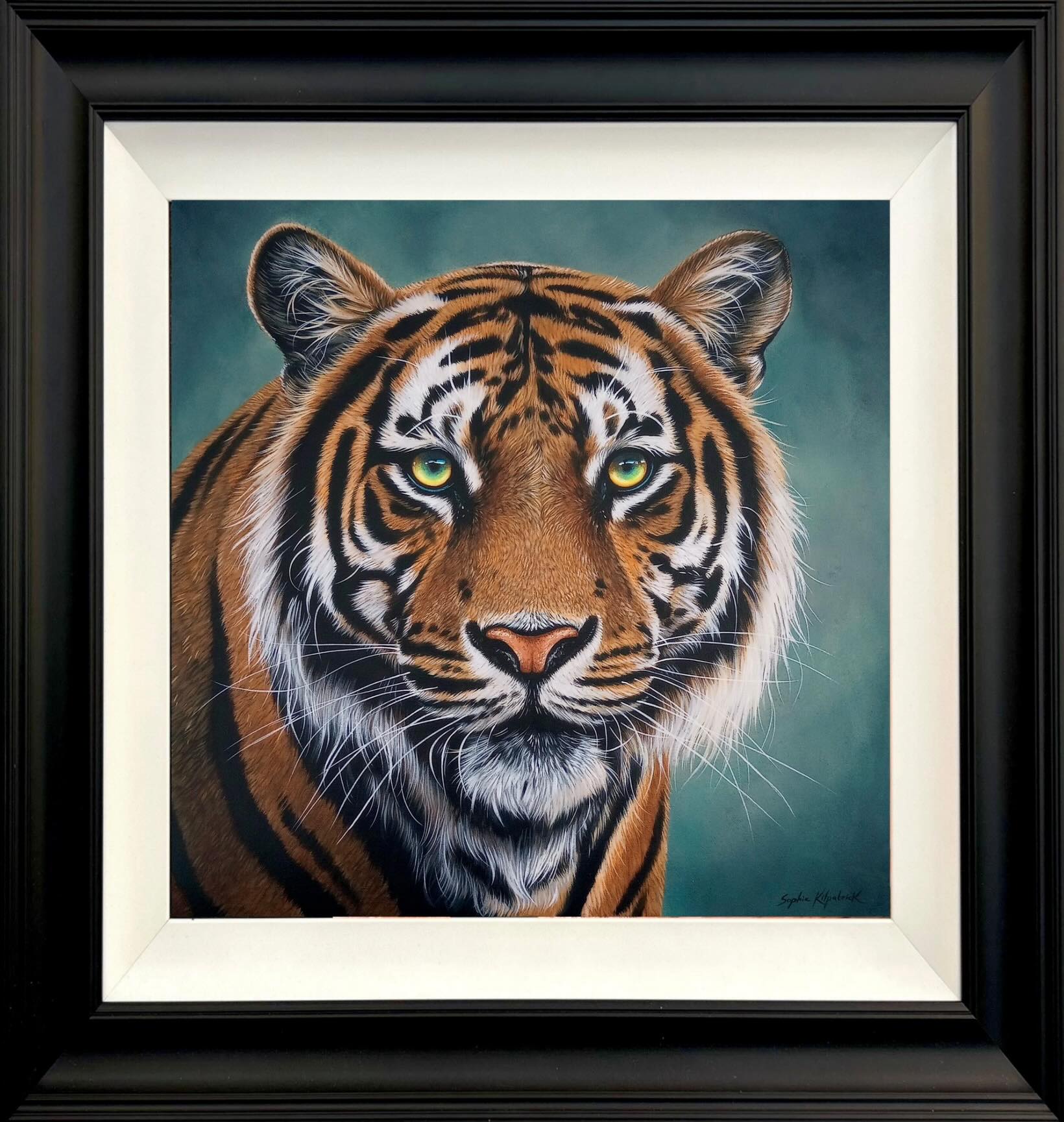 Sophie Kilpatrick tiger painting, The Watchful King is available at The Acorn Gallery, Pocklington. Call 01759 307652. Delivery available.