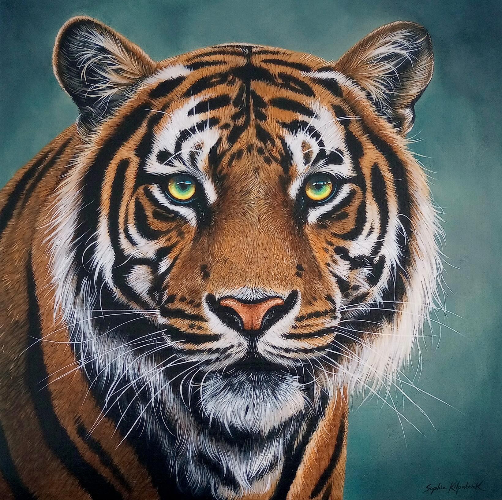 Sophie Kilpatrick tiger painting, The Watchful King is available at The Acorn Gallery, Pocklington. Call 01759 307652. Delivery available.
