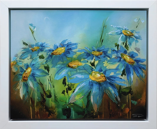 A Stephen Simpson framed original painting of blue flowers, titled Azure Symphony. Availableat The Acorn Gallery, Pocklington. Shop online or call us on 01759 307652.