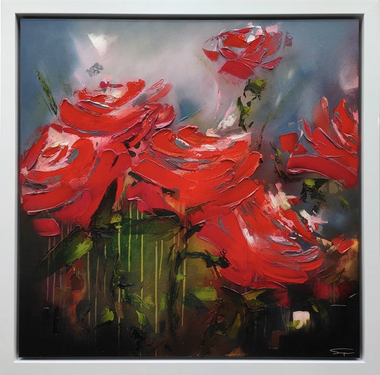 A Stephen Simpson framed original painting titled Botanic Rhapsode in red. Available at The Acorn Gallery Pocklington. Shop online or call us on 01759 307652.