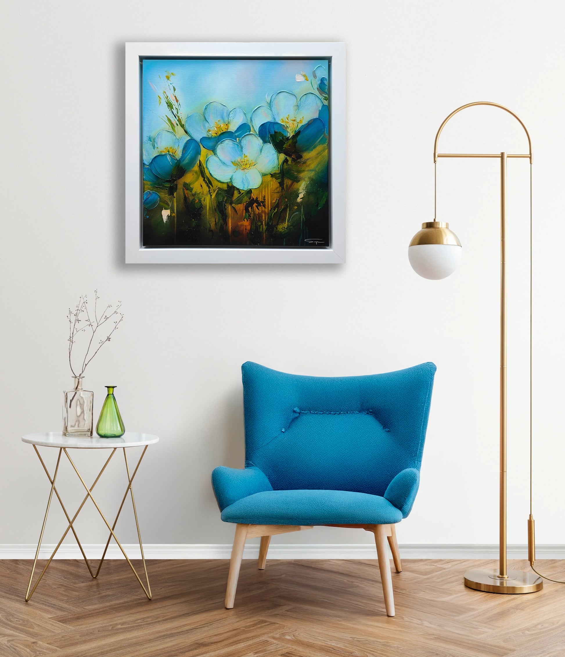 Stephen Simpson blue and white flower painting in a living room. This Indigo Blossom Original painting is available at The Acorn Gallery, Pocklington