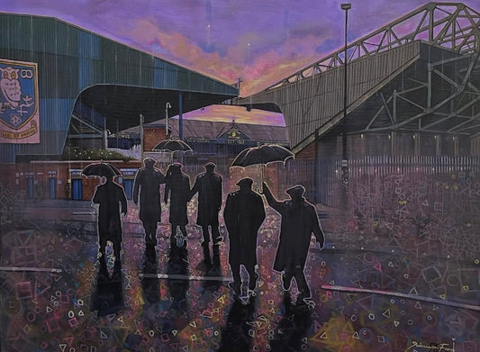 A framed print of Sheffield Wednesday football fans excitedly walking towards the stadium on match night. Buy from The Acorn gallery. Delivery available. Tel 01759 307652.