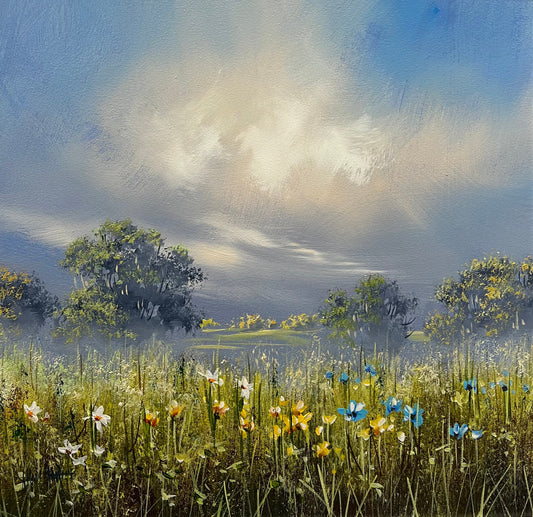 Beautiful original landscape painting of a summer scene by artist Allan Morgan. Available at The Acorn gallery in Pocklington. Call 01759 307652.
