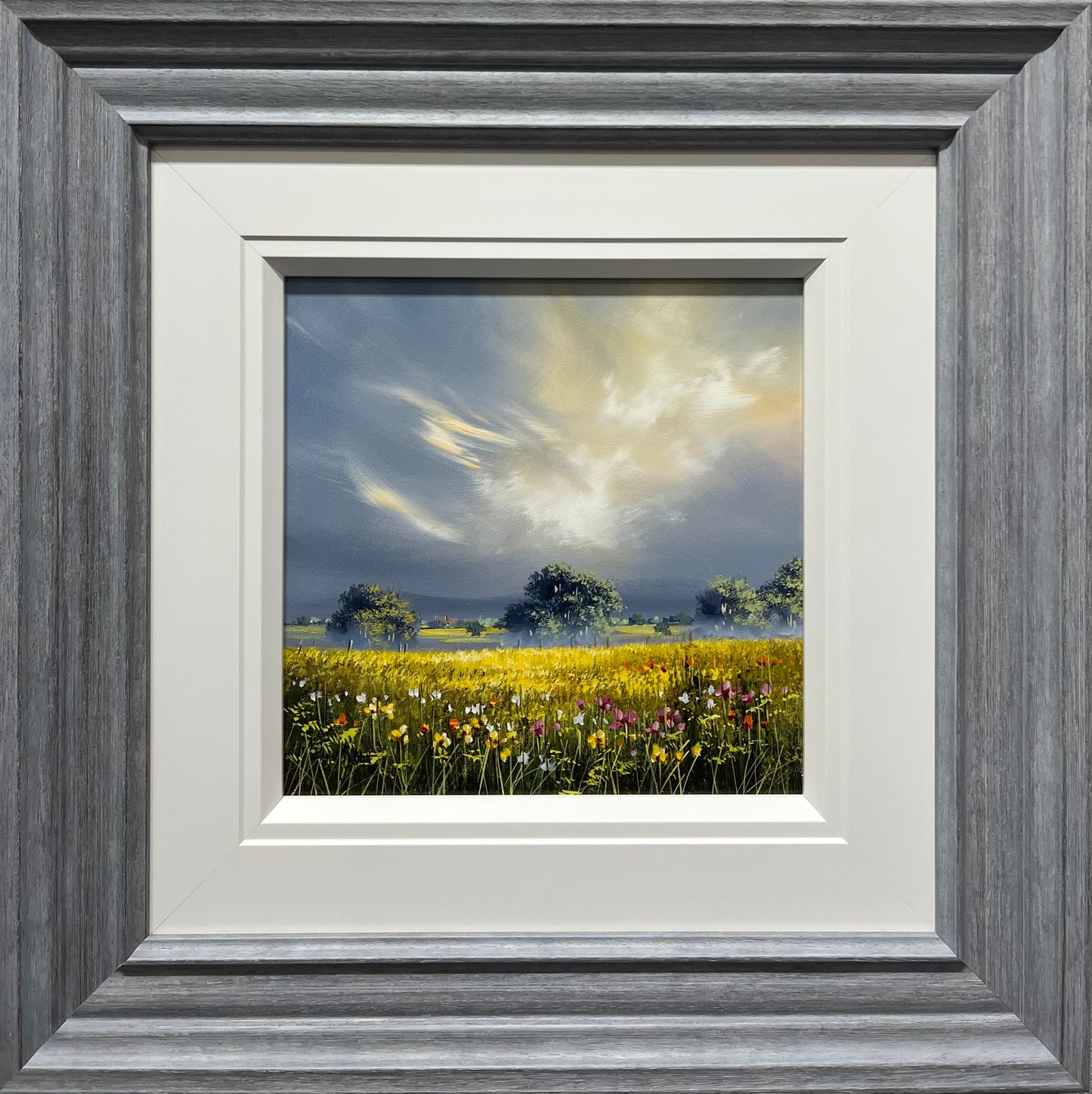 Beautiful original landscape painting of a summer scene by artist Allan Morgan featuring yellow cornfields. Available at The Acorn gallery in Pocklington. Call 01759 307652.