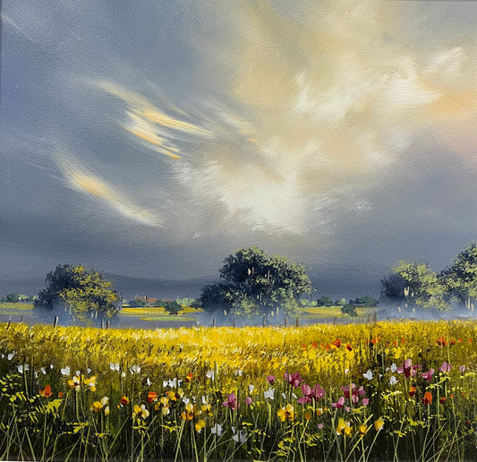 Beautiful original landscape painting of a summer scene by artist Allan Morgan featuring yellow cornfields. Available at The Acorn gallery in Pocklington. Call 01759 307652.