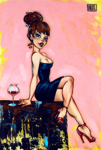 Lady in an evening dress sitting on a cabinet with a glass of wine. Artwork by U.S. artist Todd White. Prints and painting available from The Acorn Gallery Pocklington with delivery available.