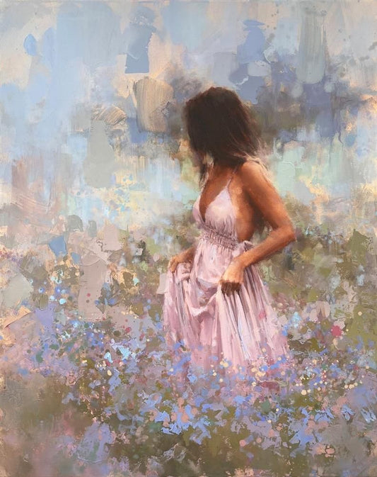 Blue Magic by Tony Hinchliffe, a beautiful limited edition canvas print of a young woman in a pink dress walking through a flower meadow. Available from The Acorn Gallery in Pocklington. Order online or call us on 01759 307652. 