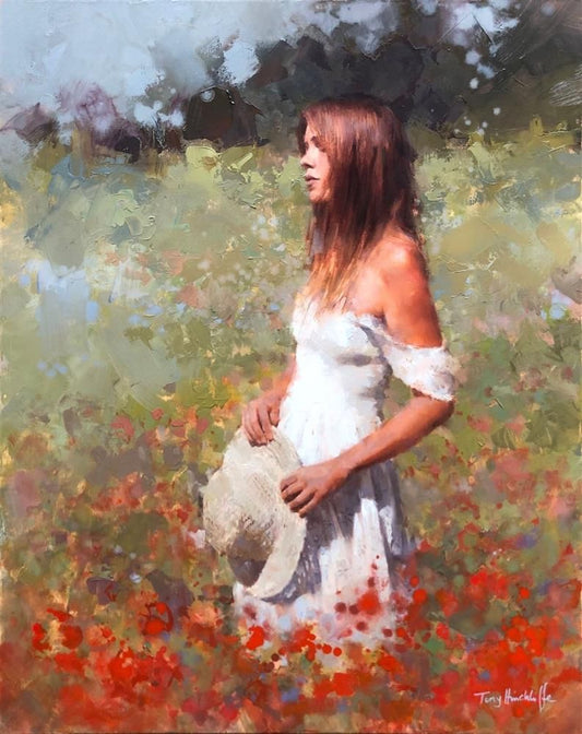 Tony Hinchliffe Contemplation Canvas - The Acorn Gallery, Pocklington, a beautiful limited edition canvas print of a young woman in a white dress walking through a poppy field. Order online or call us on 01759 307652. 