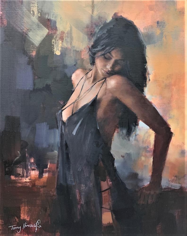 Aubergine Nights by Tony Hinchliffe, a beautiful limited edition canvas print of a young woman with dark hair in a seductive pose. Available from The Acorn Gallery in Pocklington. Order online or call us on 01759 307652. 