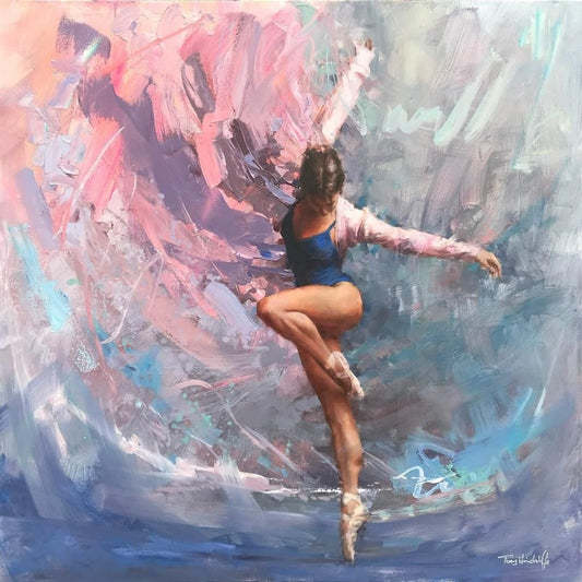 Synchronicity by Tony Hinchliffe, a beautiful limited edition canvas print of a graceful young female dancer in a blue leotard. Available from The Acorn Gallery in Pocklington. Order online or call us on 01759 307652. 