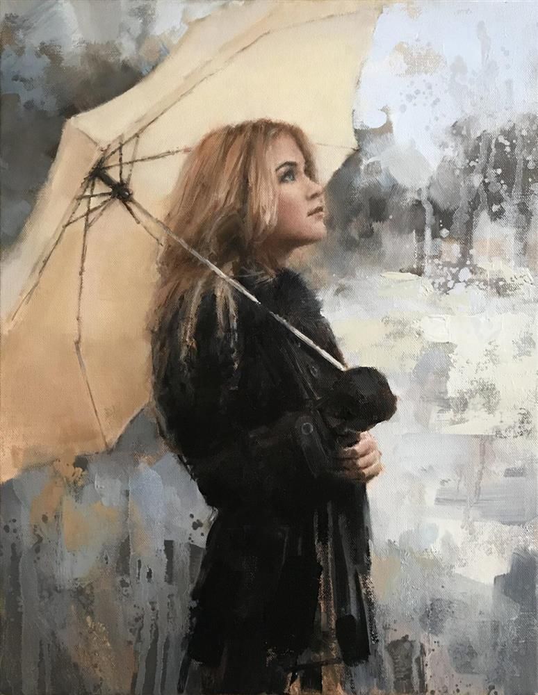 Vanilla Snowdrop by Tony Hinchliffe, a beautiful limited edition canvas print of a young woman with blonde hair in a dark coat holding a cream umbrella. Available from The Acorn Gallery in Pocklington. Order online or call us on 01759 307652. 