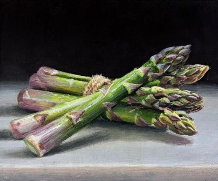 Original acrylic painting of asparagus by Tony Owens, hand signed, 4.75x6 inches