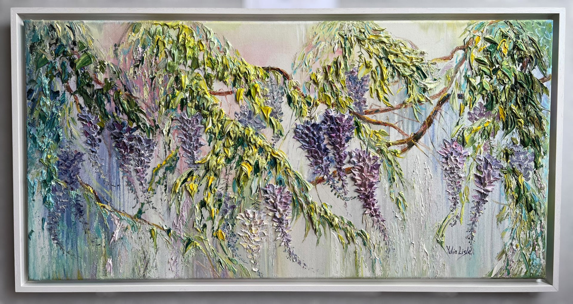 Original textured oil painting of cascading purple wisteria blossoms and green foliage against a soft pastel background, created with expressive impasto by Yulia Lisle.