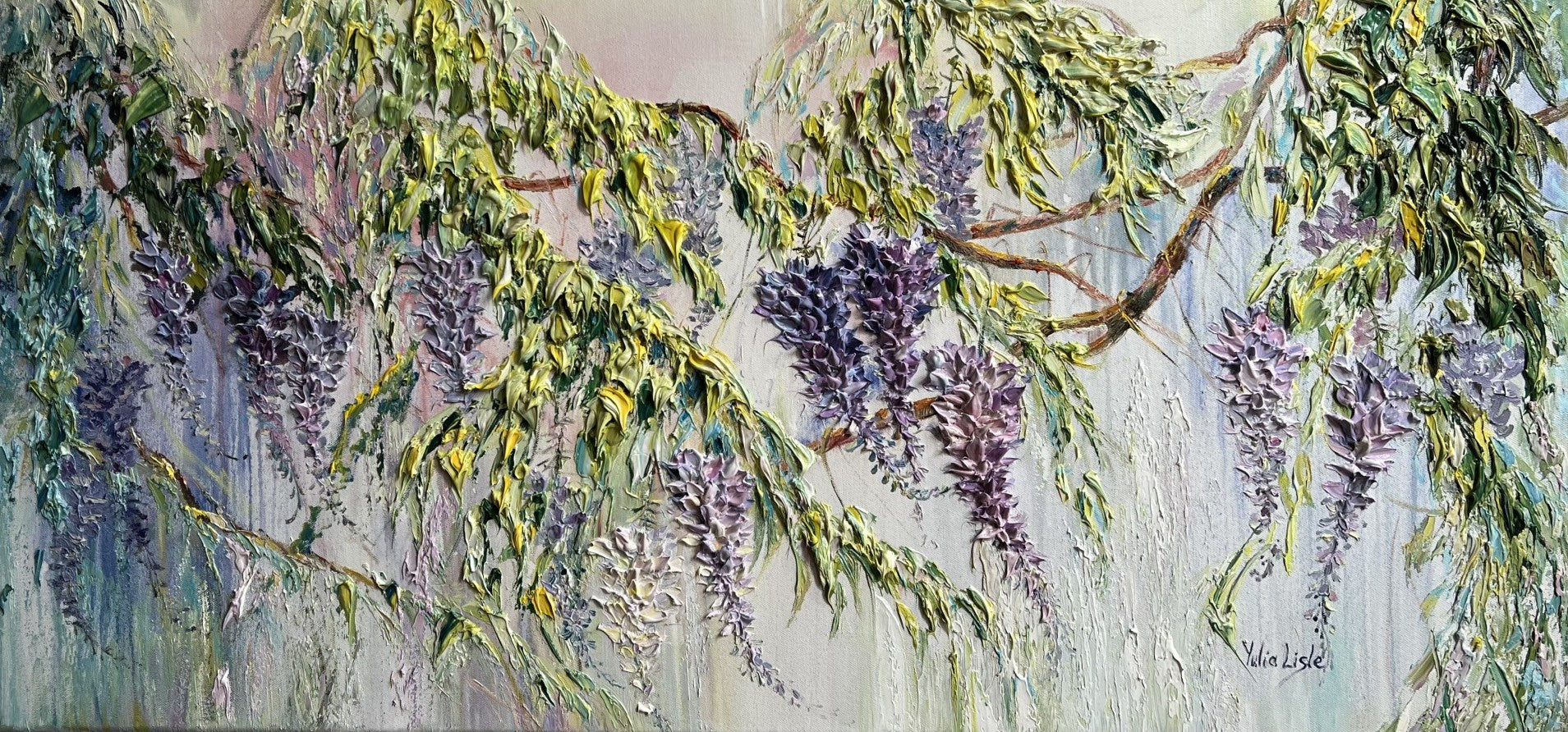 Original textured oil painting of cascading purple wisteria blossoms and green foliage against a soft pastel background, created with expressive impasto by Yulia Lisle.
