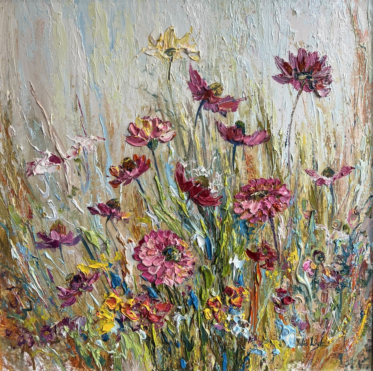 Original textured oil painting of a colourful summer wildflower meadow with pink, purple and yellow blooms, created with expressive impasto palette knife techniques by Yulia Lisle.