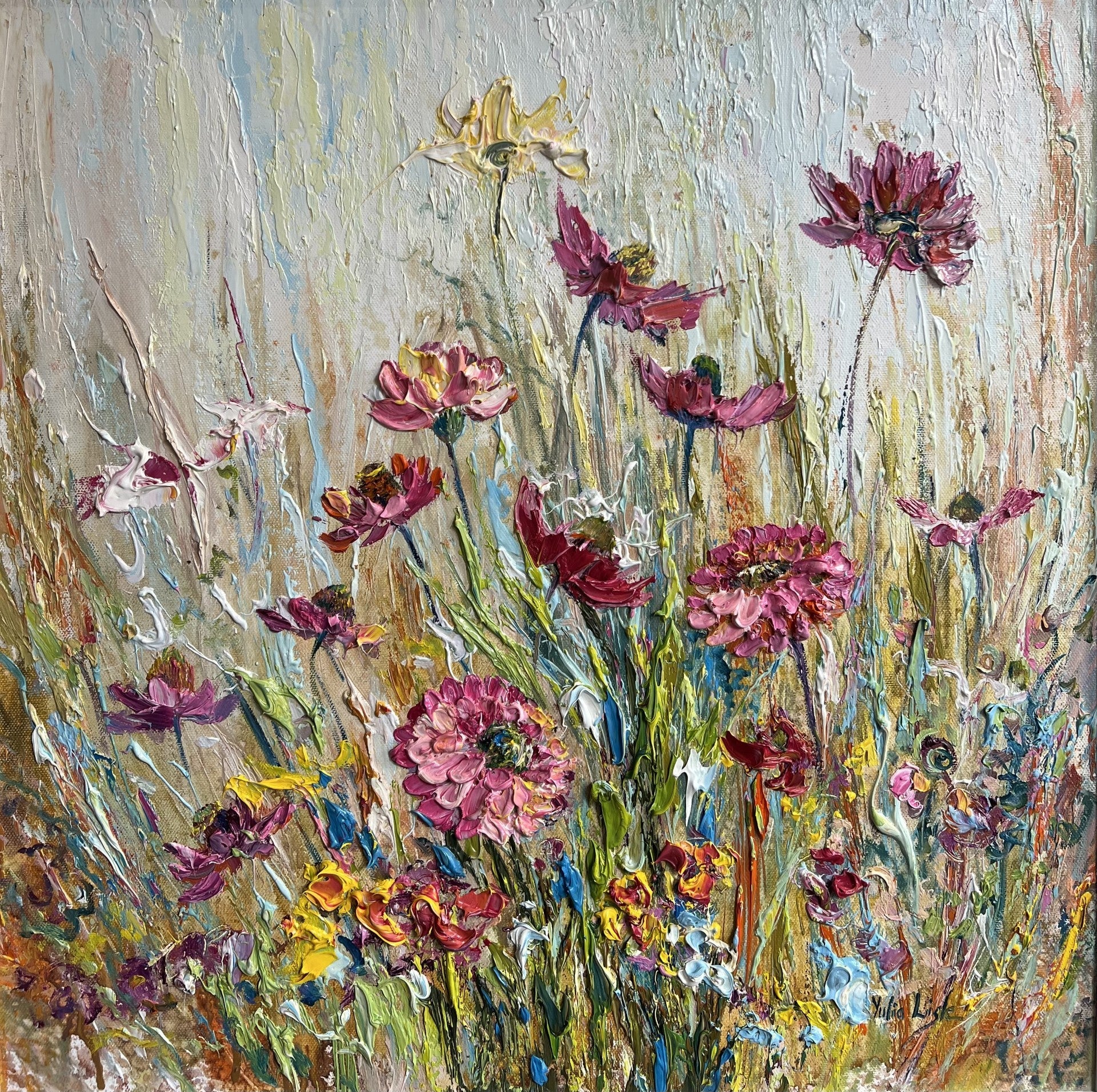 Original textured oil painting of a colourful summer wildflower meadow with pink, purple and yellow blooms, created with expressive impasto palette knife techniques by Yulia Lisle.